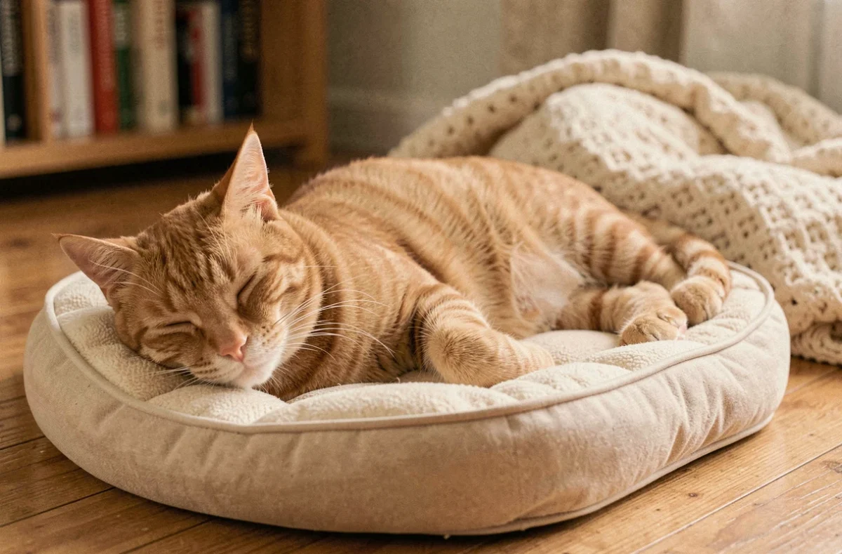 Chat tigré âgé allongé sur un coussin orthopédique, souffrant d'arthrose, dans un salon chaleureux