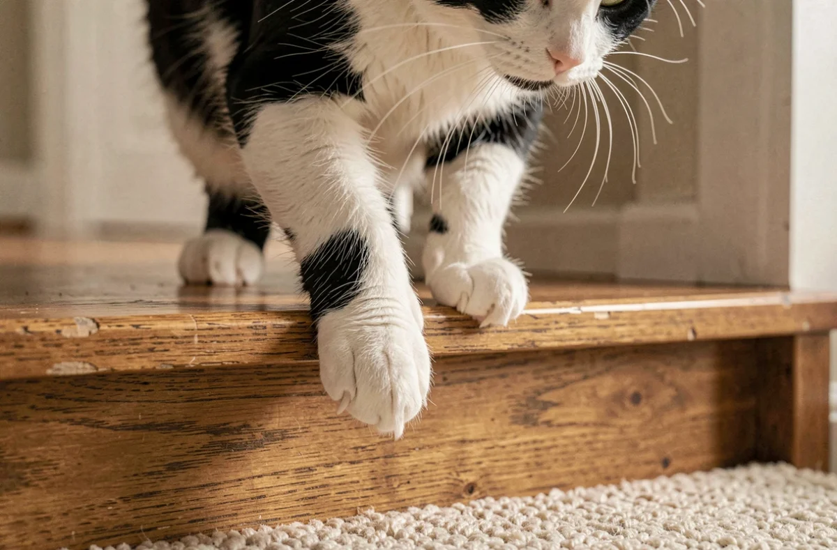 Chat noir et blanc âgé descendant prudemment des marches en bois à cause de douleurs articulaires liées à l'arthrose