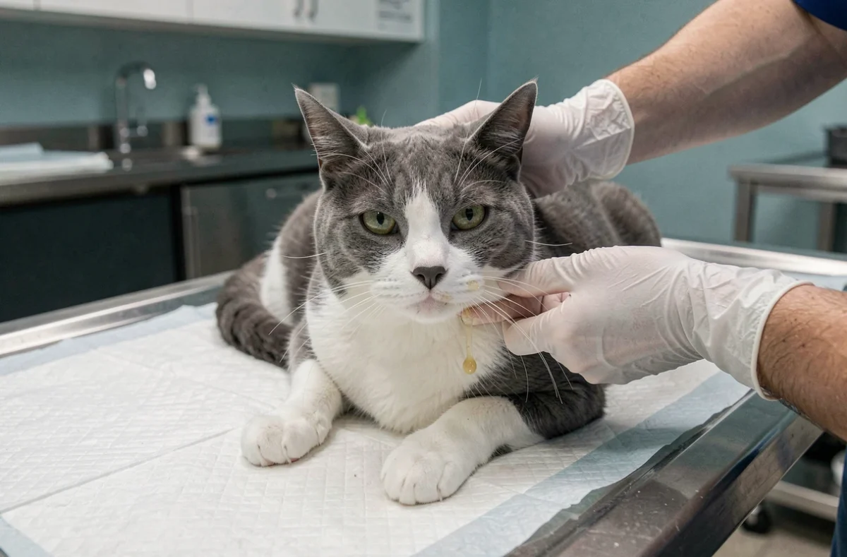 Chat gris et blanc examiné par un vétérinaire, bave visible sur la table d'examen clinique