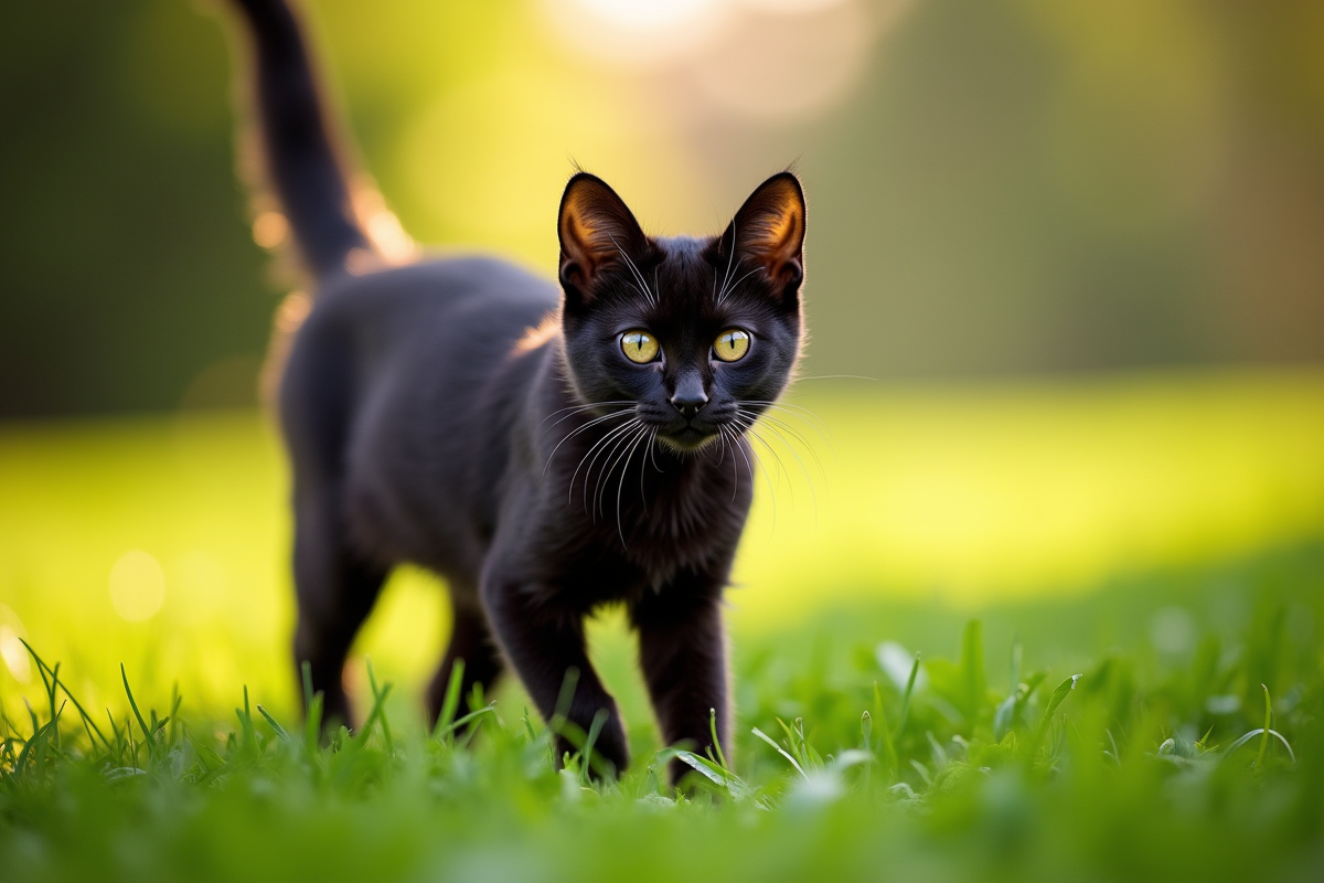 Chat bengal noir marchant dans un jardin vert au matin