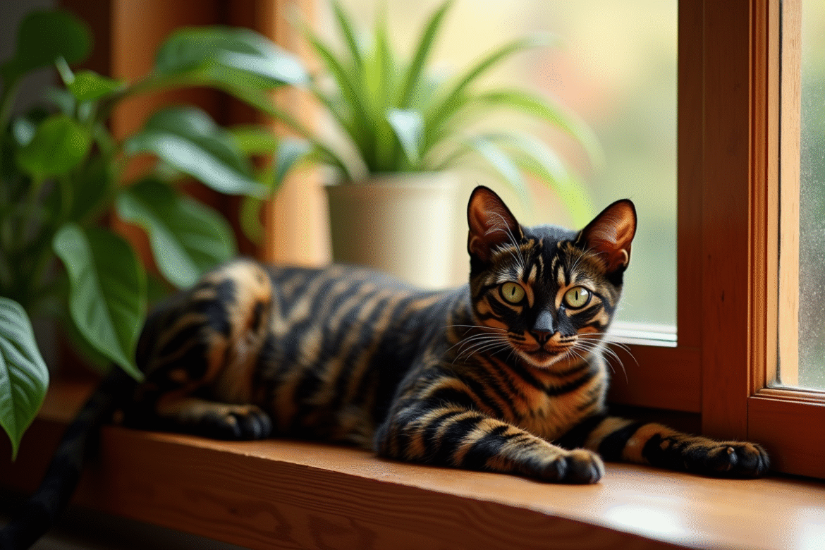 Chat bengal noir sur une fenêtre ensoleillée avec plantes d'intérieur
