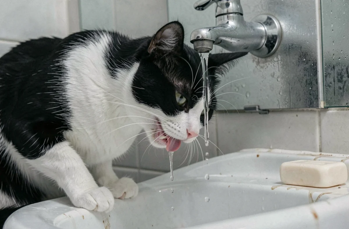 Chat noir et blanc buvant directement au robinet d'un évier de salle de bain, comportement typique d'un chat préférant l'eau courante