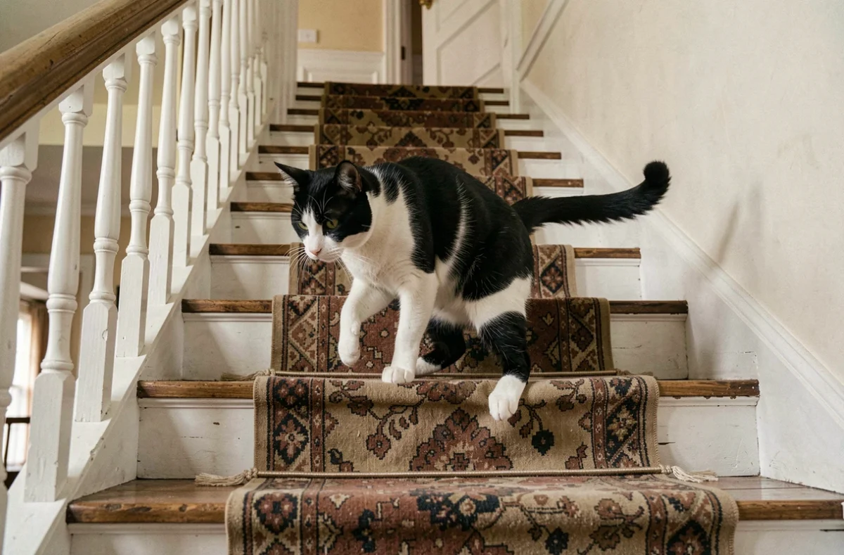 Chat noir et blanc descendant des escaliers en boitant de la patte avant dans une maison