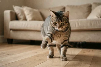 Chat tigré boitant de la patte avant gauche sur un parquet en chêne dans un appartement