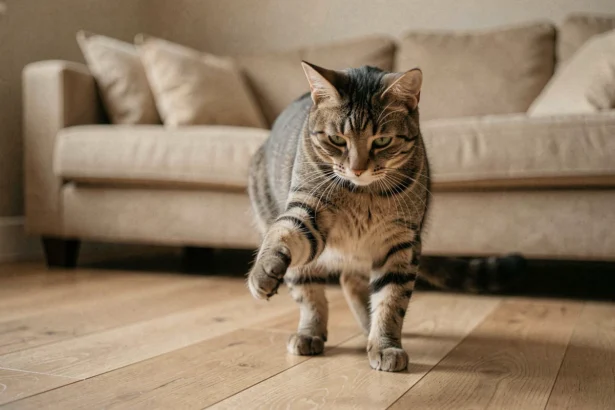 Chat tigré boitant de la patte avant gauche sur un parquet en chêne dans un appartement