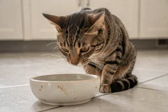 Chat tigré assis devant un bol d'eau en céramique sur un carrelage de cuisine, illustrant l'importance de l'hydratation du chat