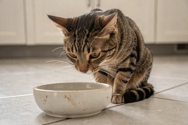 Chat tigré assis devant un bol d'eau en céramique sur un carrelage de cuisine, illustrant l'importance de l'hydratation du chat