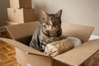 Chat tigré calme assis dans un carton de déménagement ouvert entouré d'objets emballés dans un salon en cours de déménagement