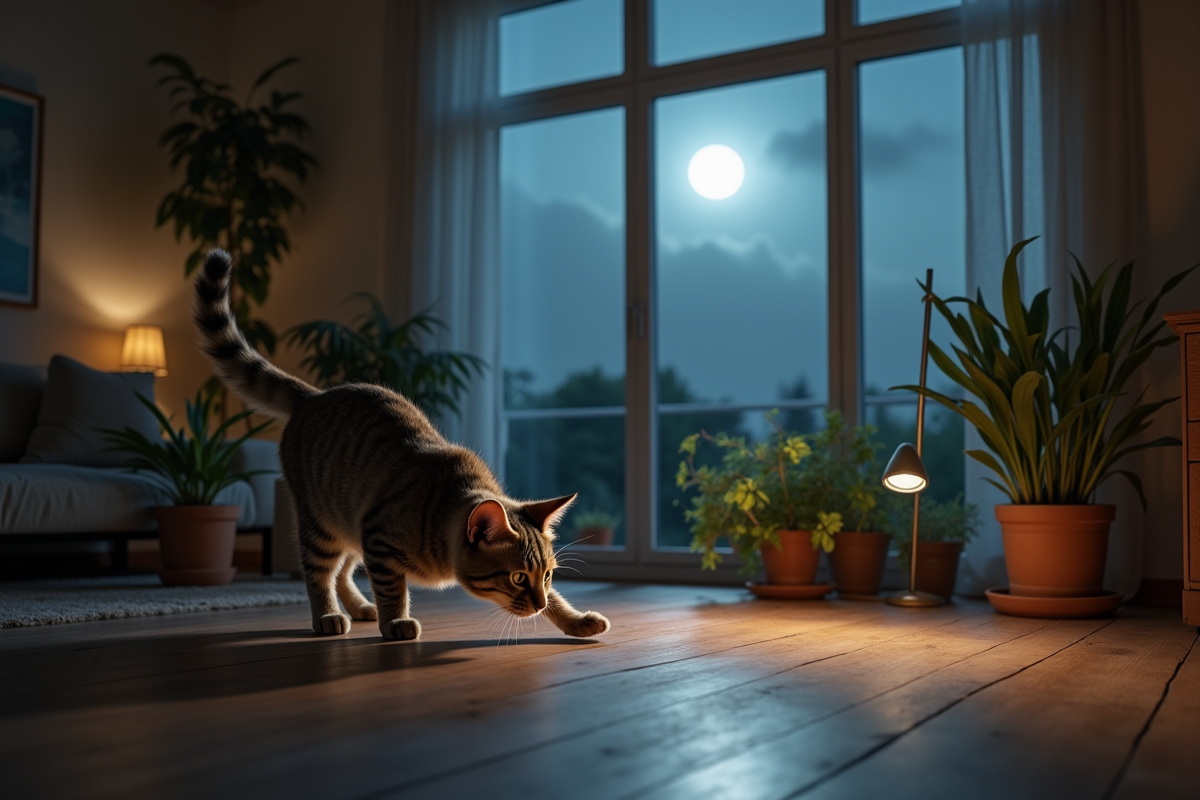 Chat explorant le salon chassant les ombres la nuit