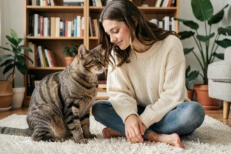 Femme souriante partageant un clignement lent avec son chat tigré sur un tapis en laine dans un salon cosy