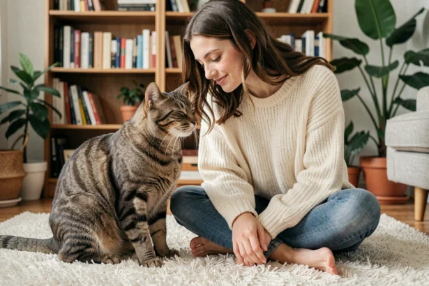Femme souriante partageant un clignement lent avec son chat tigré sur un tapis en laine dans un salon cosy