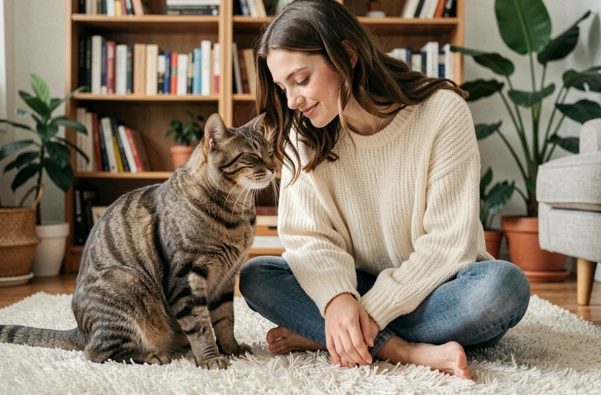 Femme souriante partageant un clignement lent avec son chat tigré sur un tapis en laine dans un salon cosy