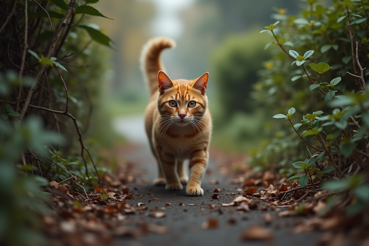 Chat tigré orange dans un parc suburbain naturel