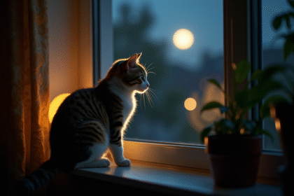 Chat curieux sur la fenêtre la nuit regardant le jardin