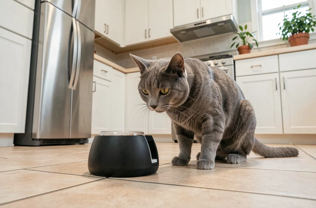 Chat gris explorant un distributeur automatique de nourriture dans une cuisine moderne, solution pour laisser son chat seul
