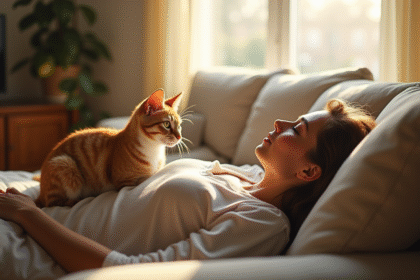 Chat domestique assis près d'une femme sur un canapé ensoleillé