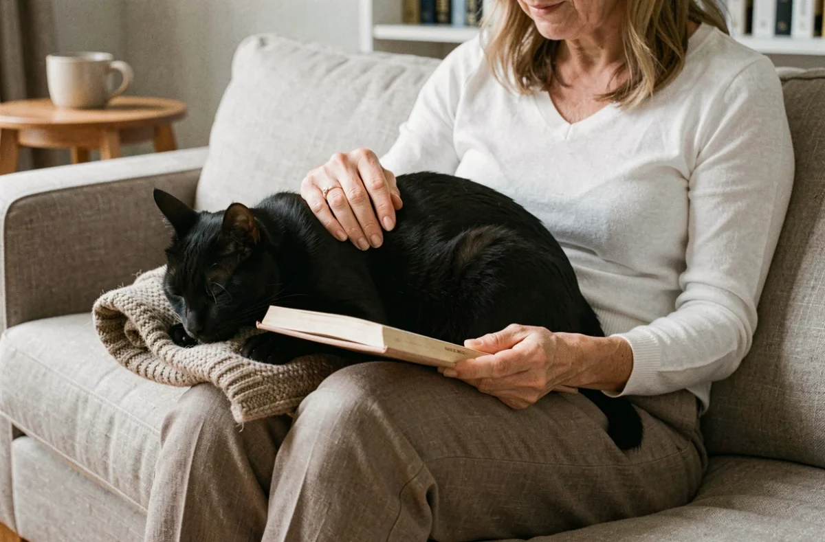 Chat noir faisant du pain sur les genoux de sa propriétaire assise sur un canapé en lin avec un livre