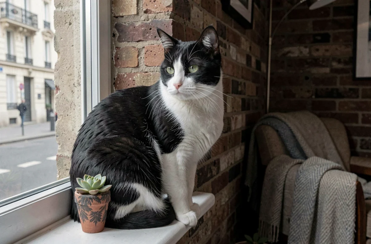 Chat noir et blanc assis sur un rebord de fenêtre regardant dehors, seul dans un appartement parisien
