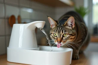 Chat tabby adulte buvant dans une fontaine à eau avec filtre en céramique blanche posée sur un plan de travail en bois clair