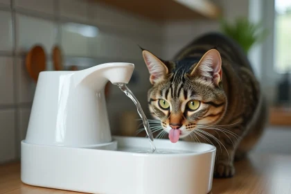 Chat tabby adulte buvant dans une fontaine à eau avec filtre en céramique blanche posée sur un plan de travail en bois clair