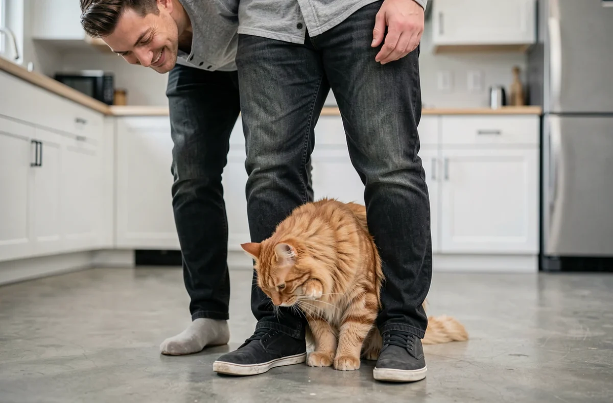 Chat roux se frottant affectueusement contre la cheville de son propriétaire dans une cuisine moderne