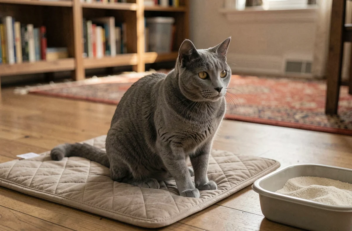 Chat gris couché près de sa litière ouverte sur un parquet en bois dans un salon