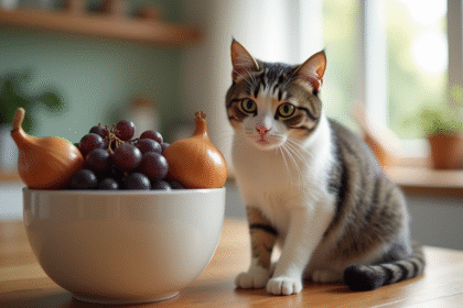 Chat inquiet à côté d'un bol de nourriture malsaine