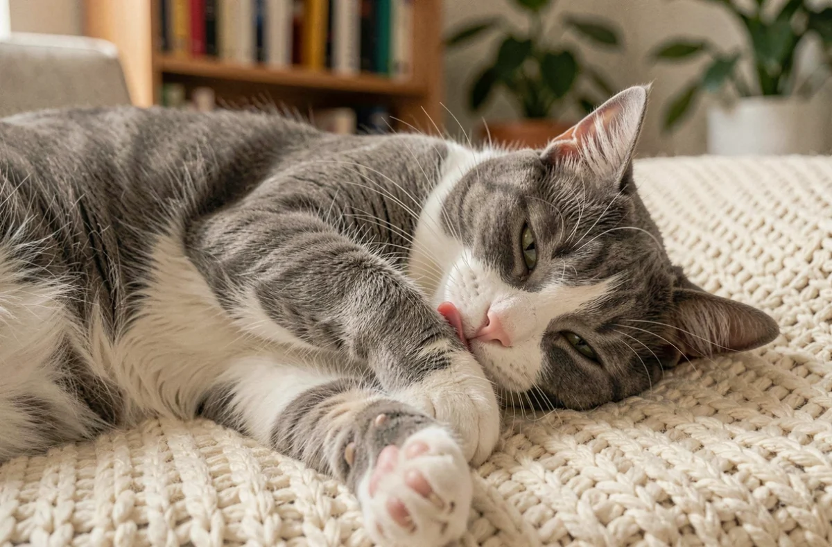 Vieux chat gris léchant sa patte avant sur un canapé recouvert d'une couverture en laine