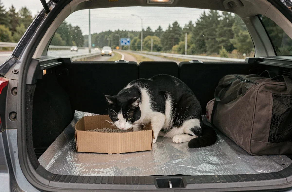Chat noir et blanc utilisant une litière jetable en carton dans le coffre d'une voiture lors d'un voyage sur autoroute