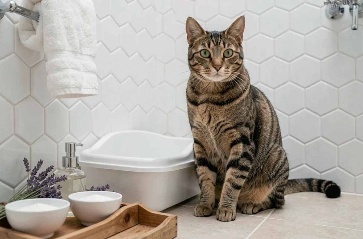 Chat tigré assis près d'une litière propre avec des remèdes naturels comme le vinaigre blanc et la lavande pour neutraliser les odeurs