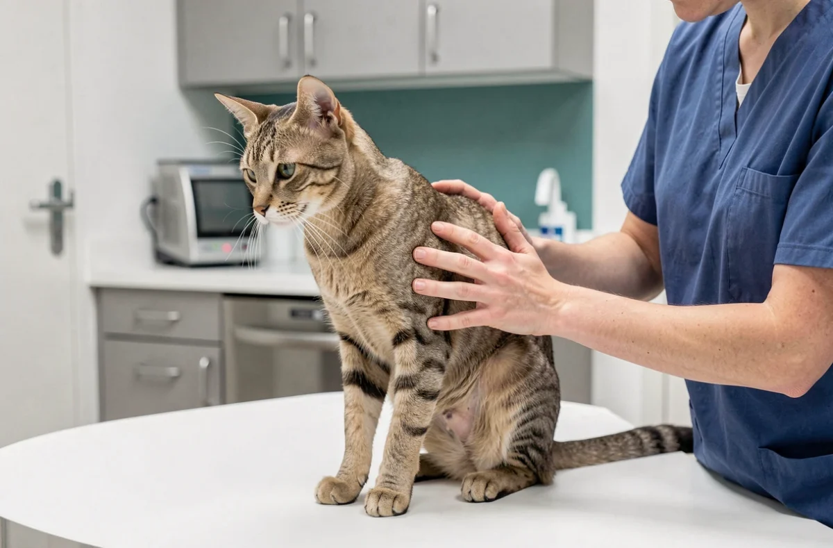 Vétérinaire examinant un chat maigre sur une table d'examen clinique