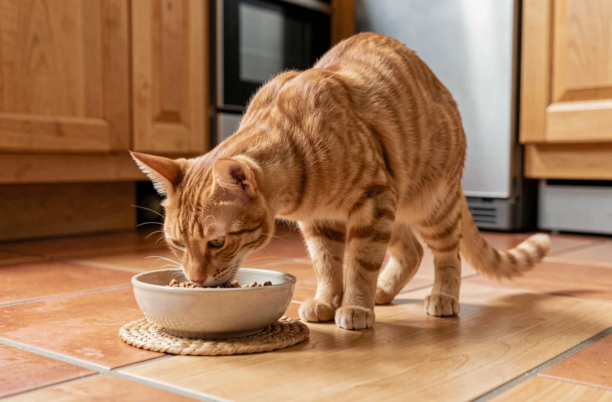 Chat orange maigre mangeant dans une gamelle en céramique sur le sol d'une cuisine