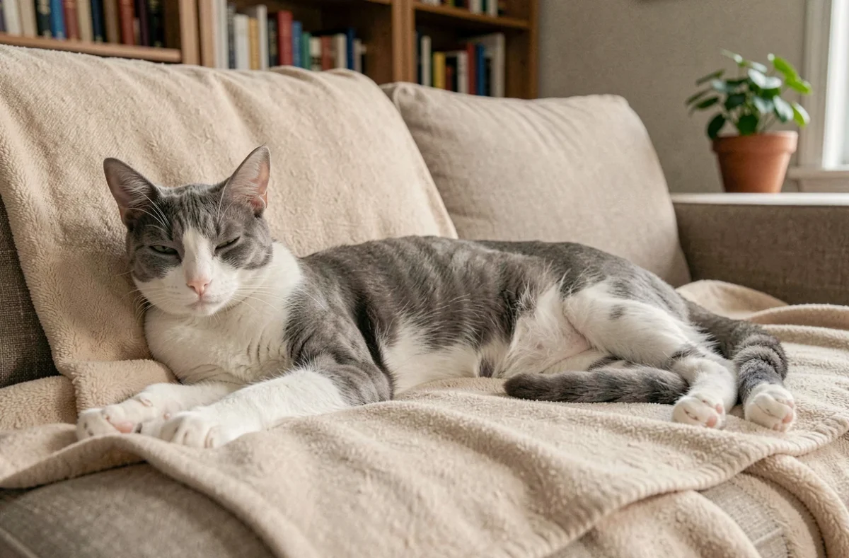 Chat gris et blanc maigre allongé sur une couverture polaire dans un salon