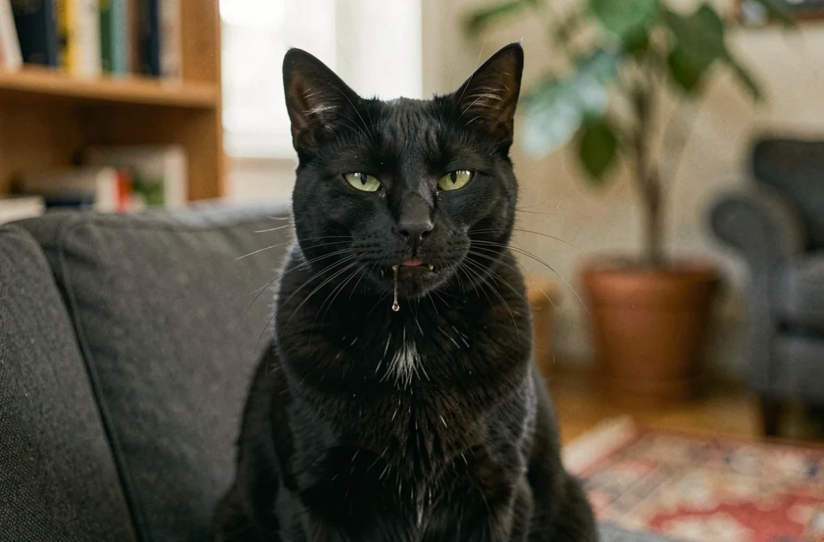 Chat noir adulte bavant sur un canapé sombre, goutte de salive visible tombant du menton