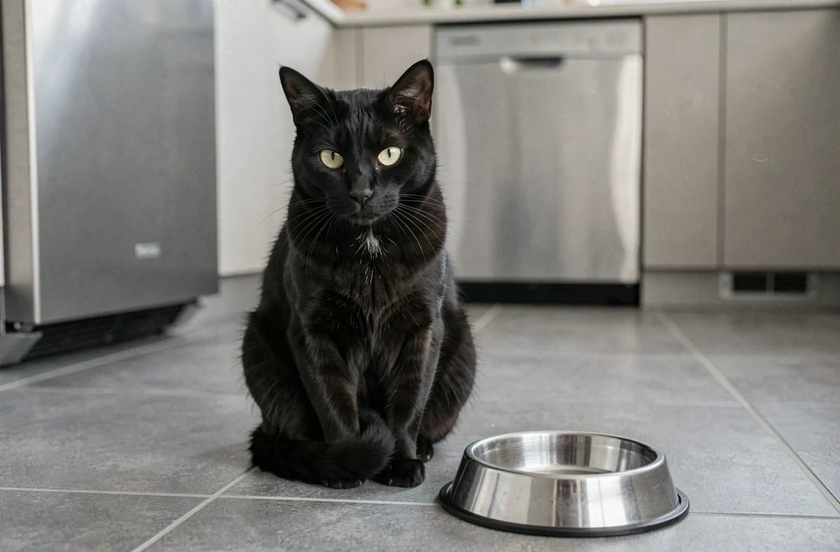 Chat noir assis devant son bol vide regardant son propriétaire avec insistance pour réclamer à manger