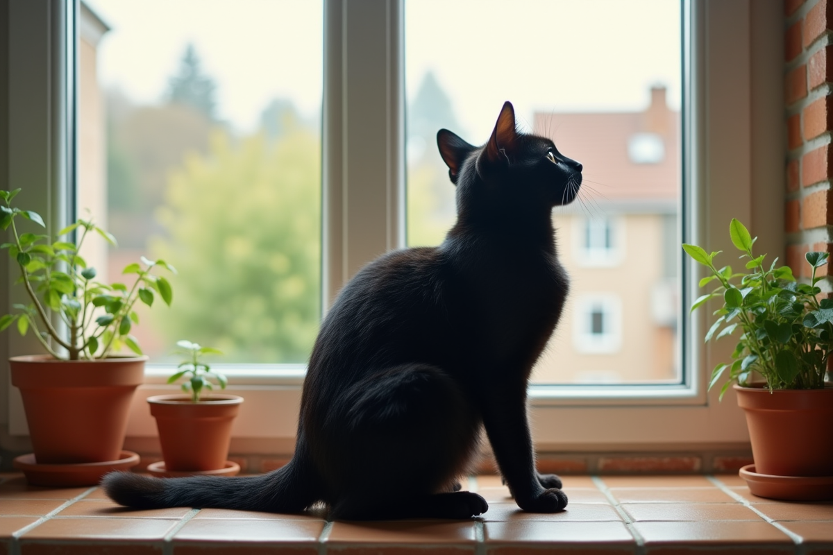 Jeune chat noir sur la fenêtre en cuisine lumineuse