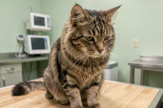 Chat tabby avec un œil qui pleure assis sur une table de consultation vétérinaire