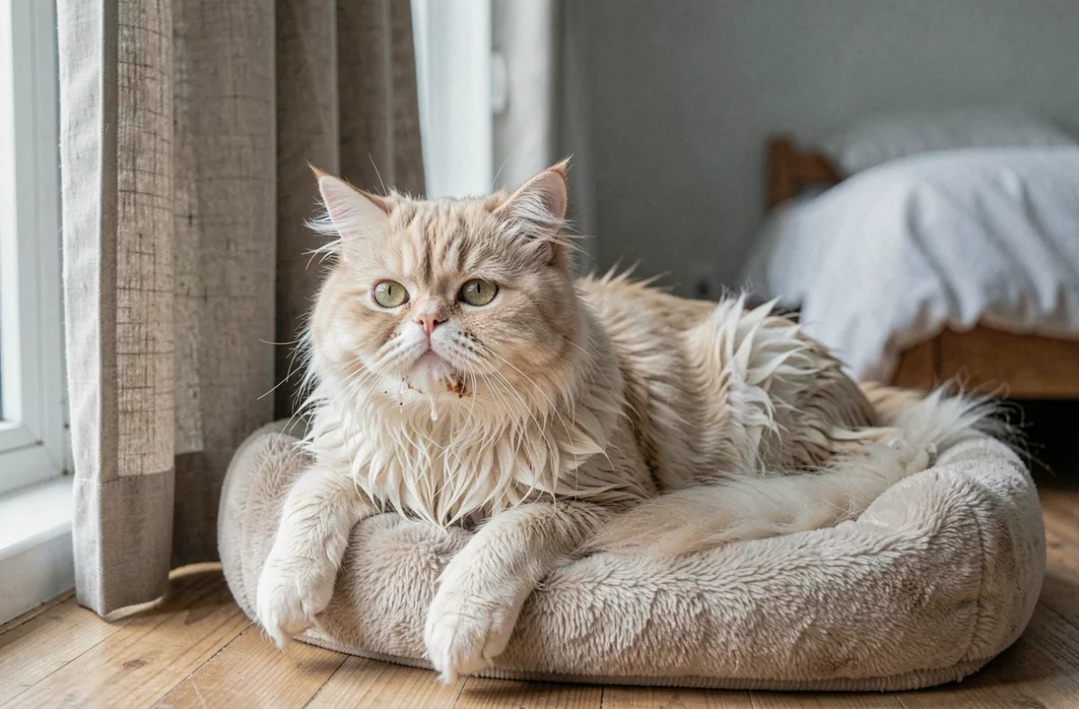Chat persan crème avec salive autour du museau allongé sur un lit pour chat près d'une fenêtre