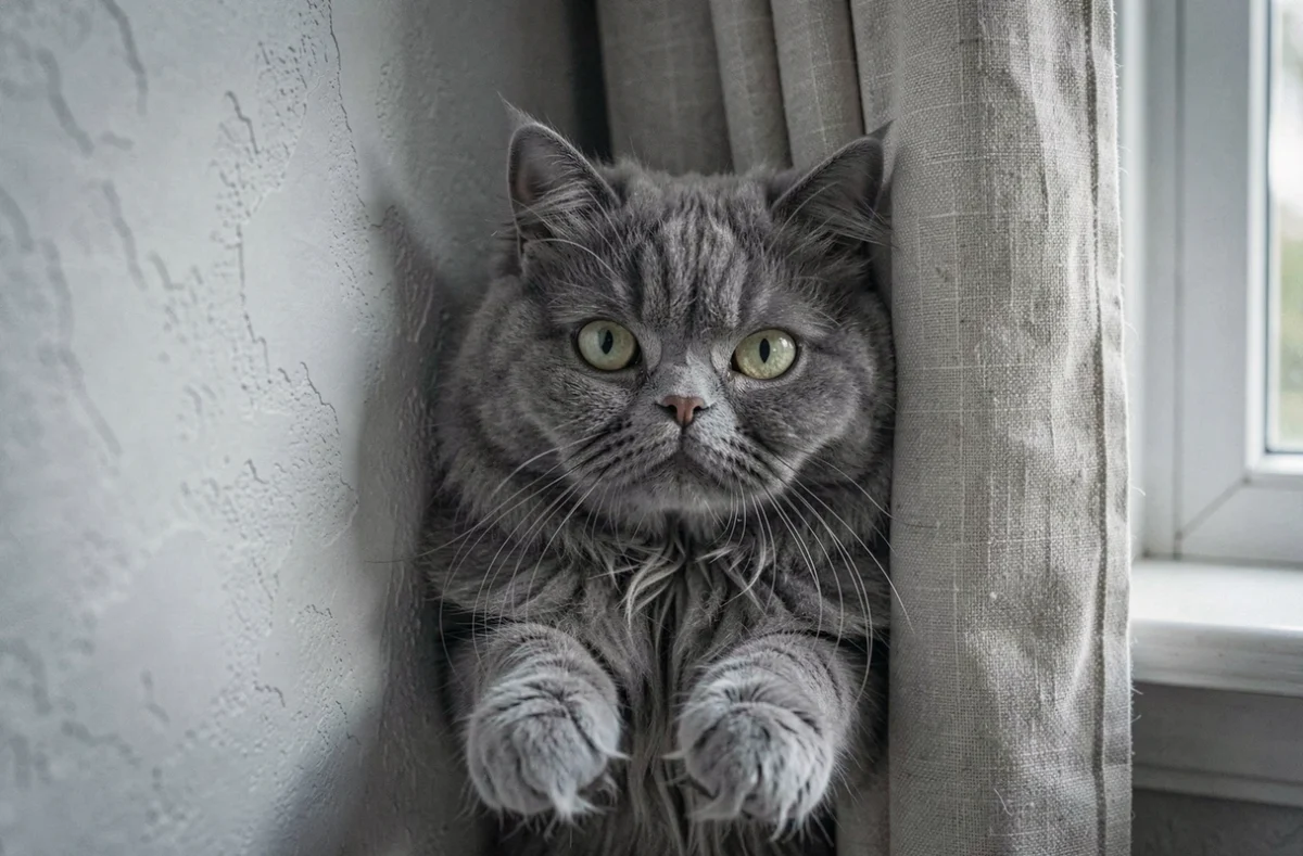 Chat persan gris caché derrière un rideau dans un coin de pièce, les yeux écarquillés de peur, comportement de fuite soudaine