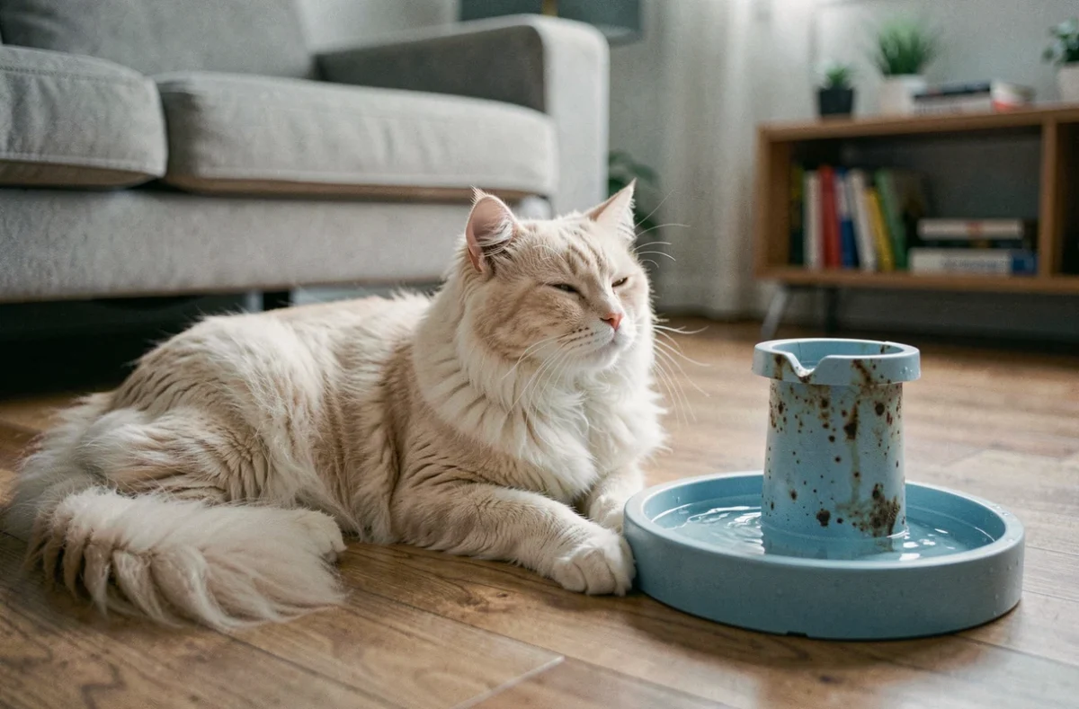 Chat persan crème allongé près d'une fontaine à eau pour chats, illustrant le manque d'intérêt pour l'hydratation et les risques de déshydratation