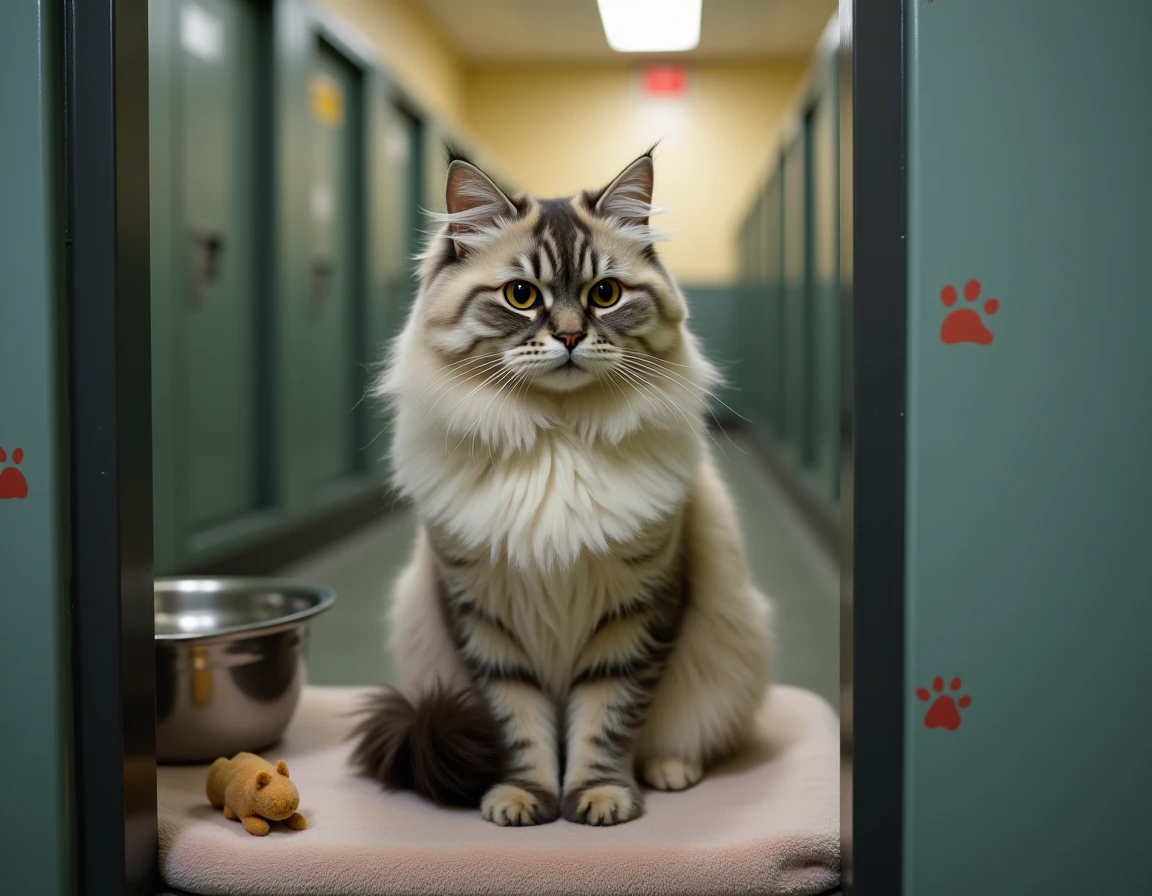 Chat persan poilu et légèrement emmêlé assis dans un box de refuge, en attente d'adoption