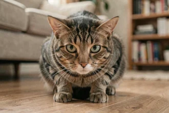 Chat tigré recroquevillé sur un parquet en bois, oreilles aplaties et pupilles dilatées, montrant des signes évidents de peur soudaine