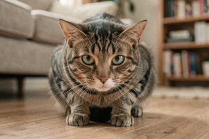 Chat tigré recroquevillé sur un parquet en bois, oreilles aplaties et pupilles dilatées, montrant des signes évidents de peur soudaine