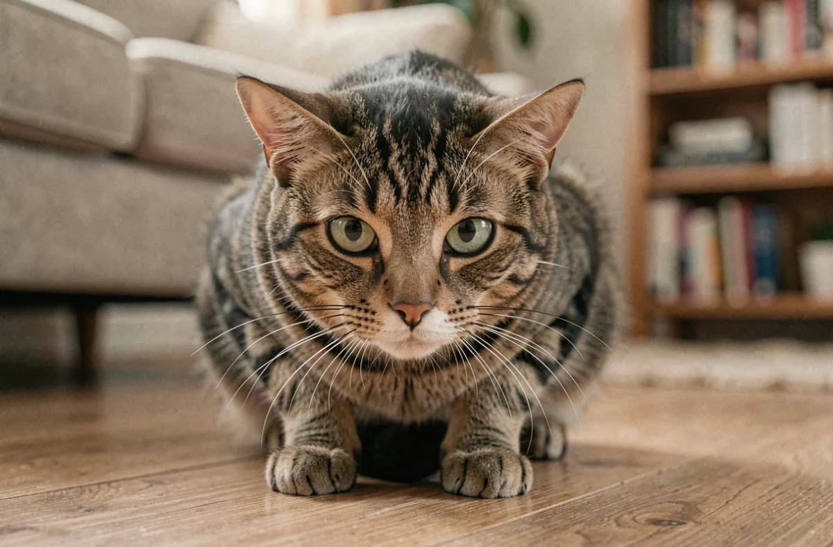 Chat tigré recroquevillé sur un parquet en bois, oreilles aplaties et pupilles dilatées, montrant des signes évidents de peur soudaine