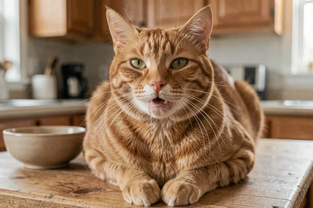 Chat roux en train de baver sur une table de cuisine, gouttelette de salive visible sous la lèvre inférieure