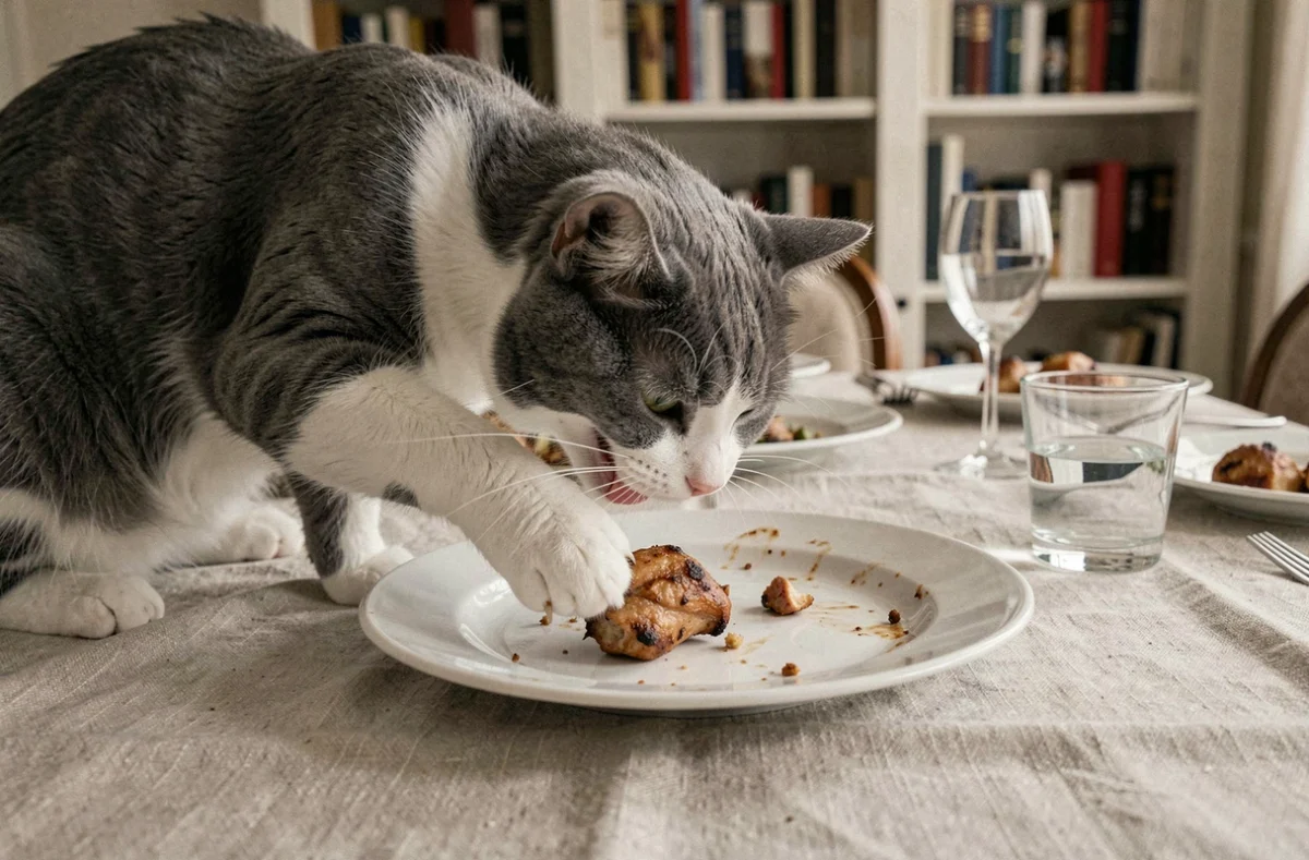 Chat gris volant un morceau de poulet dans une assiette sur une table de salle à manger