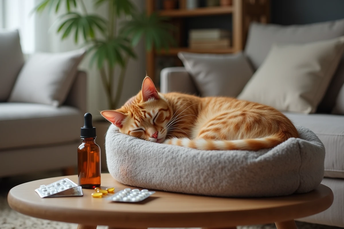 Chat roux senior se reposant dans son panier à côté de médicaments vétérinaires sous forme de comprimés