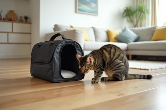 Chat tigré explorant un sac de transport pliable en nylon posé sur un parquet en bois dans un appartement moderne