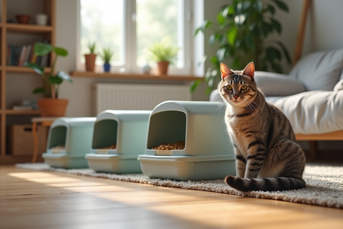 Chat assis près de plusieurs litières différentes dans un salon lumineux