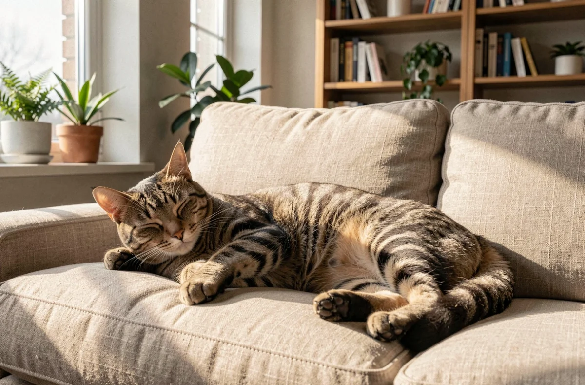 Chat tigré allongé seul sur un canapé en lin dans un appartement moderne, illustrant le temps qu'un chat peut rester seul